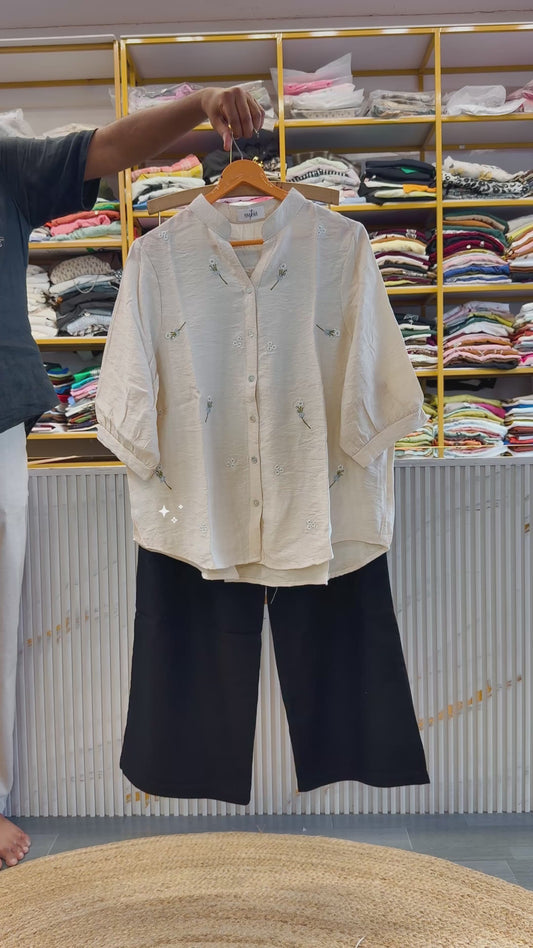 OFF WHITE EMBROIDERY CASUAL SHIRT  WITH LINEN PANT SET