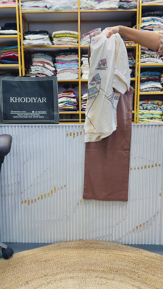 OFF WHITE HOUSE  EMBROIDERY TOP WITH LINEN PANT SET