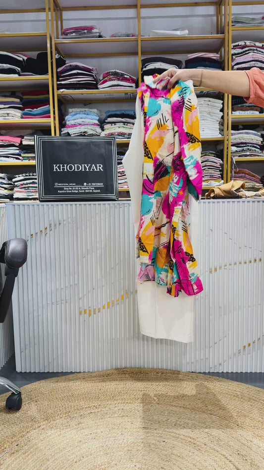 PRINTED COTTON LONG TOP WITH LINEN PANT SET