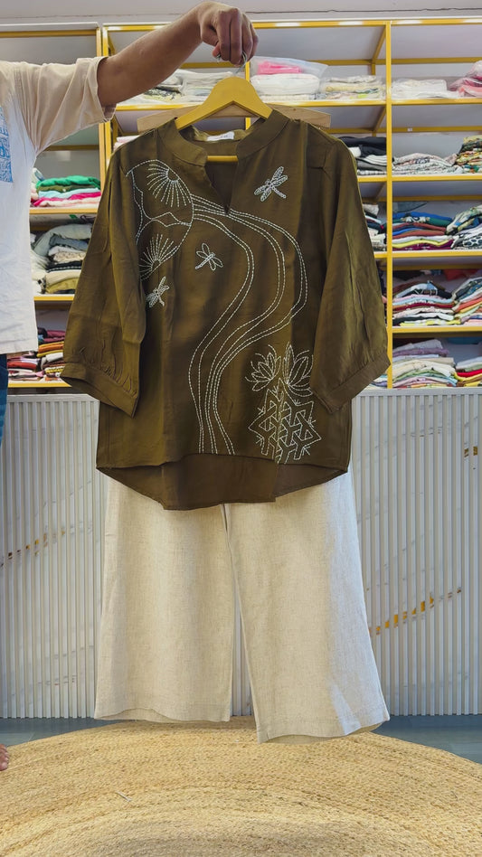 BROWN EMBROIDERY CASUAL TOP WITH LINEN PANT SET