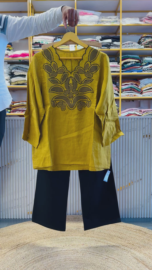 MASTARD LINEN EMBROIDERY TUNIC   WITH STRAIGHT FIT TROUSER PANT SET