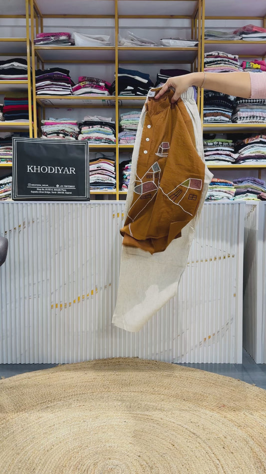 COPPERN RUST EMBROIDERY TOP WITH NATURAL LINEN PANT SET