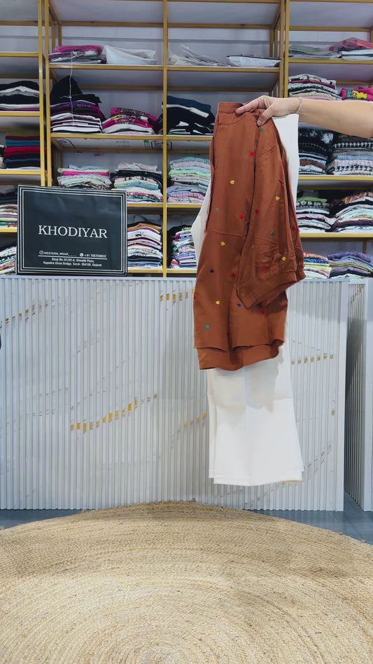 HEART EMBROIDERY COTTON TOP  WITH BELL BOTTOM TROUSER SET