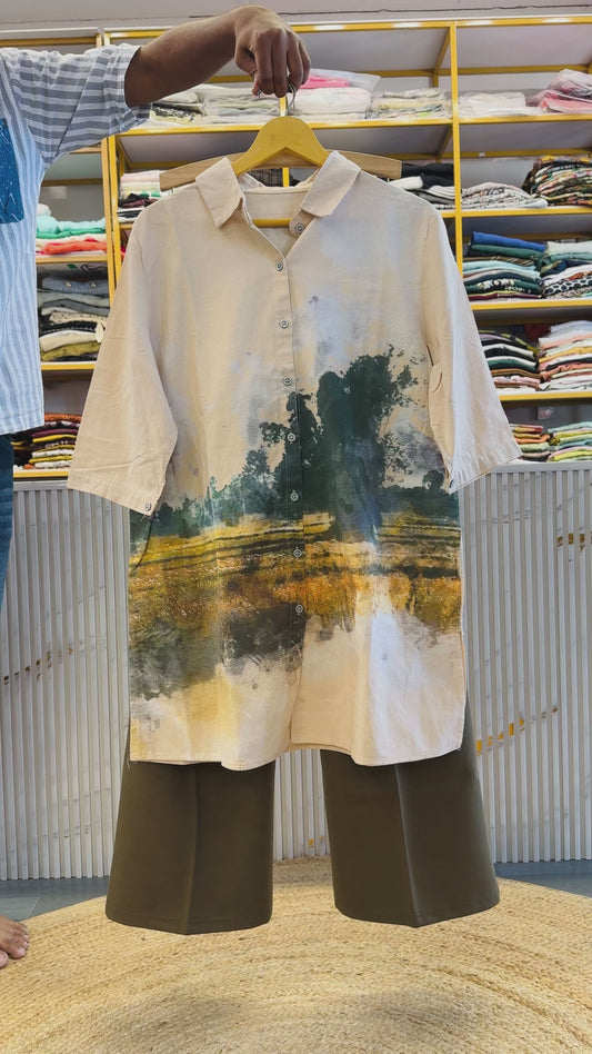 PRINTED LONG PURE COTTONSHIRT  TOP WITH BELL BOTTOM TROUSER PANT SET