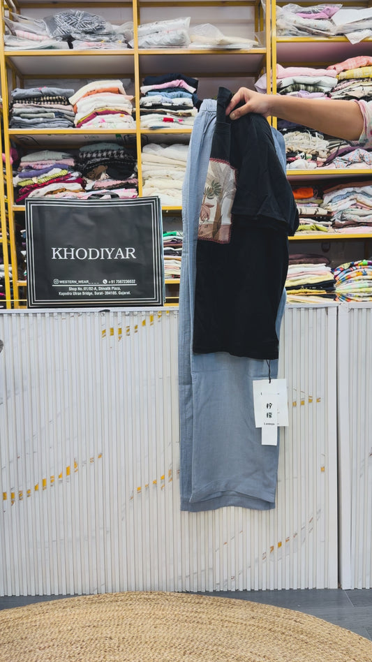 BLACK CASUAL PRINT TSHIRT WITH SOFT LINEN PANT SET