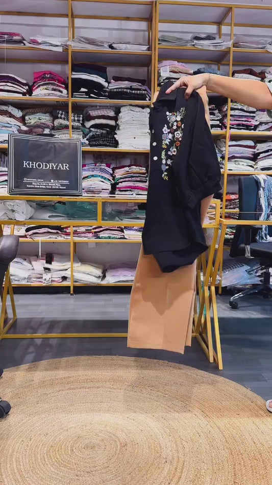 BLACK EMBROIDERY EMBROIDERY TOP  WITH BELL BOTTOM TROUSER SET