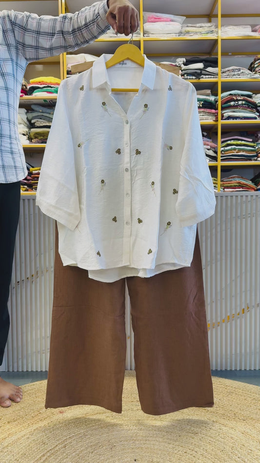 WHITE EMBROIDERY TOP WITH STRAIGHT TROUSER PANT SET