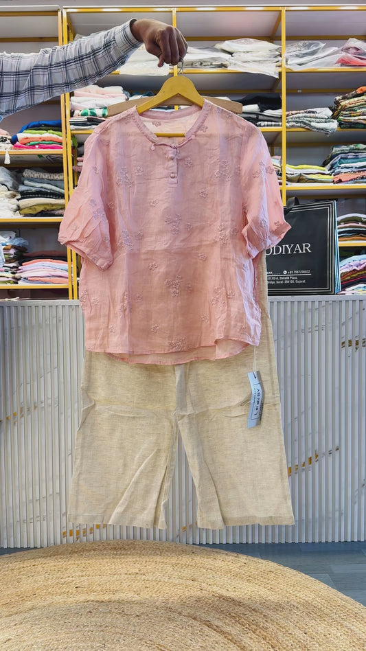 PINK LINEN EMBROIDERY TOP WITH LINEN PANT SET