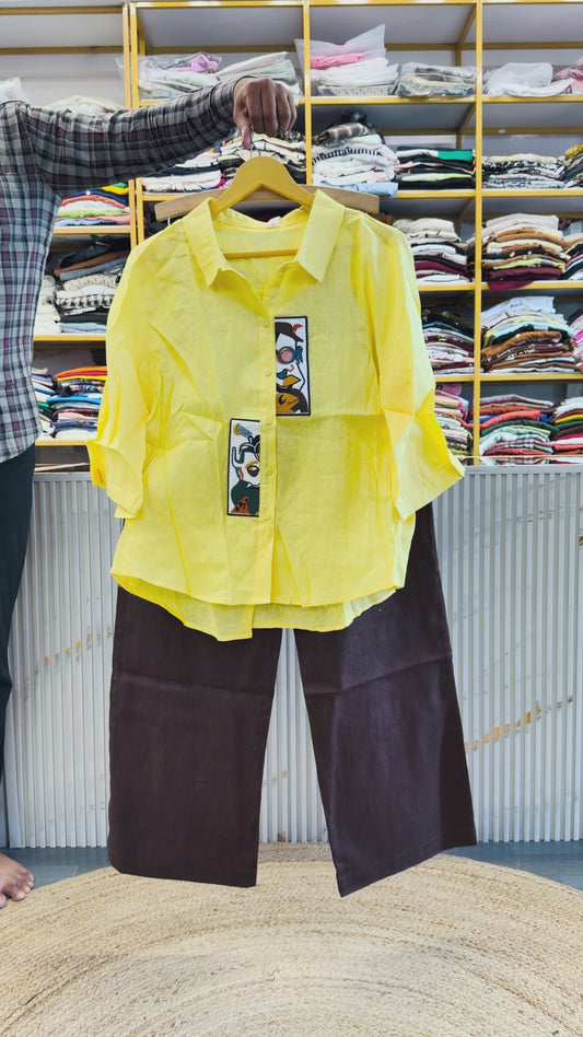 LEMON YELLOW  LINEN SHIRT WITH LINEN STRAIGHT PANT SET