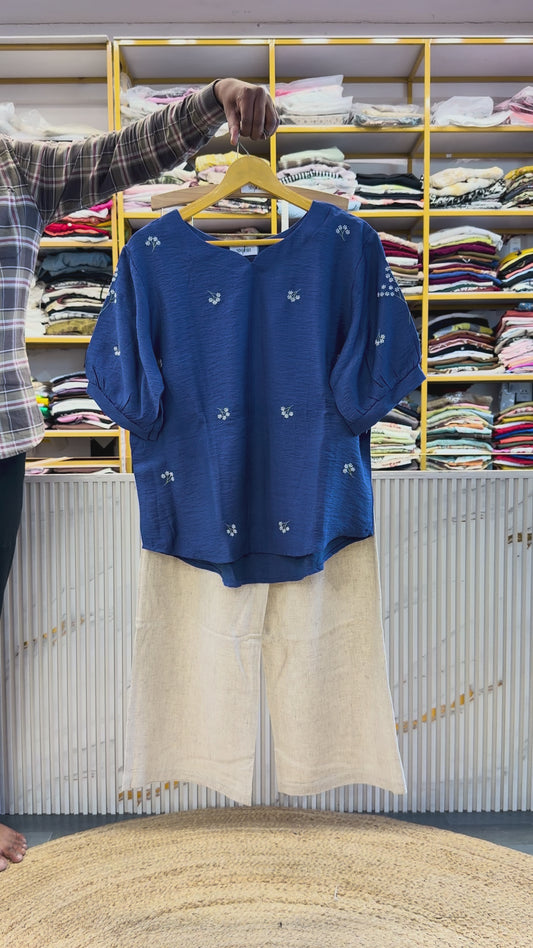 BLUE EMBROIDERY CASUAL TOP WITH LINEN PANT SET