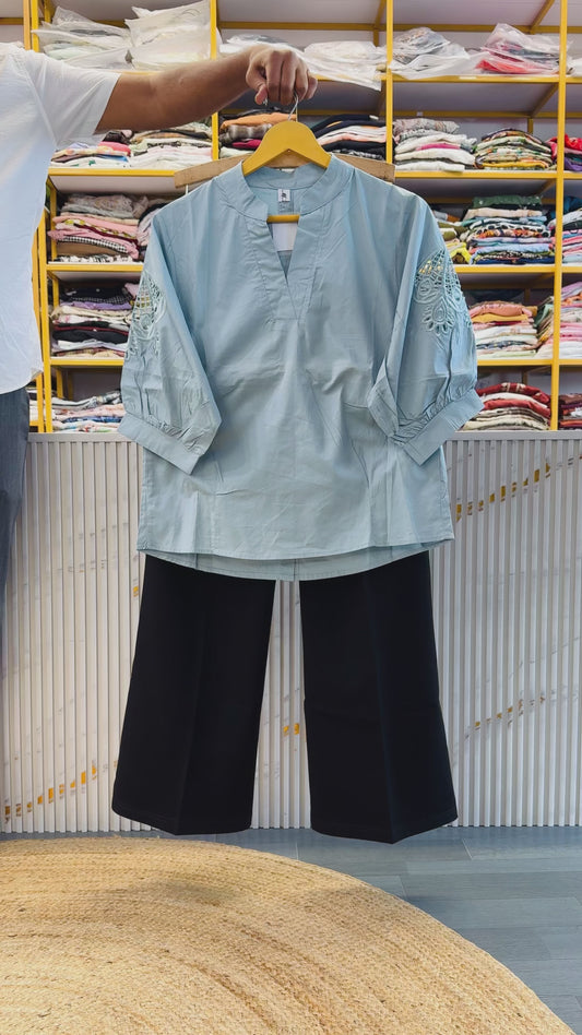 SEA GREEN COTTON TOP WITH BLACK BELL BOTTOM TROUSER