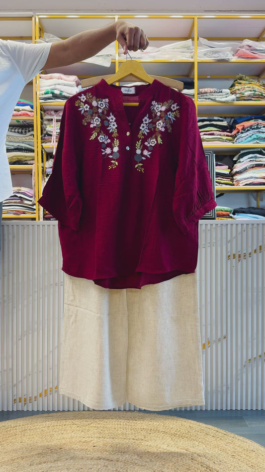MAROON EMBROIDERY CASUAL TOP  WITH LINEN PANT SET
