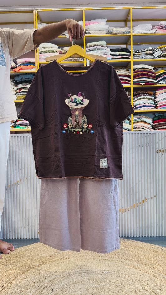 BROWN EMBROIDERY COTTON TSHIRT WITH LINEN PANT SET