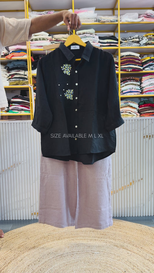 BLACK FLOWER LEAF  EMBROIDERY SHIRT WITH LINEN PANT SET