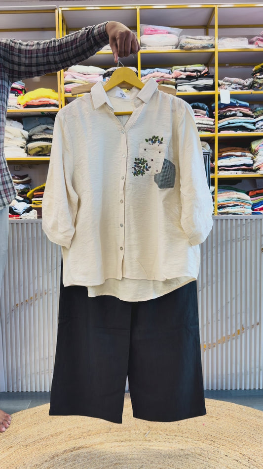 EMBROIDERY COTTON VISCOUS SHIRT WITH LINEN PANT SET