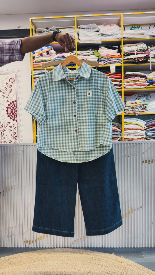 COTTON CHEX CROP SHIRT WITH IMPORTED SOFT DENIM PANT SET