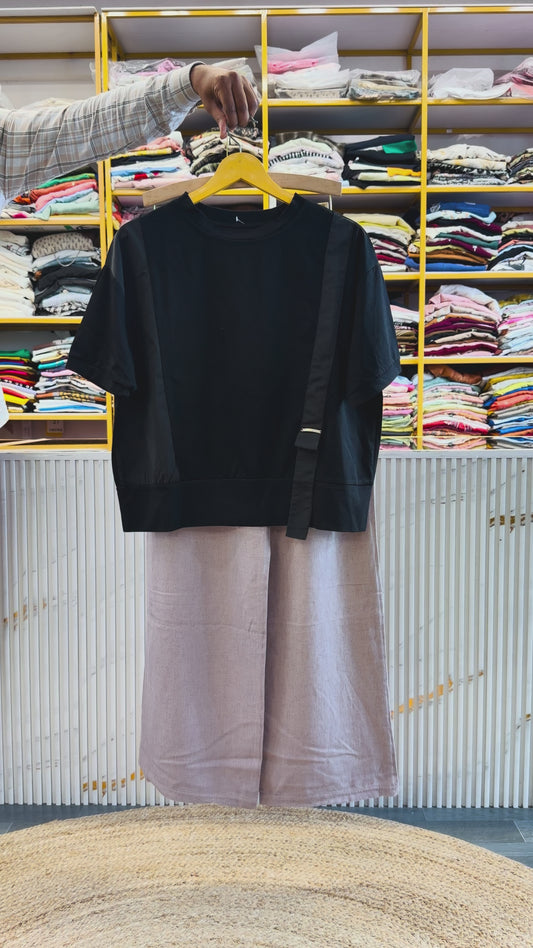 BLACK CASUAL TSHIRT WITH LINEN STRAIGHT PANT SET