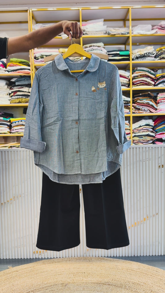 SMALL CHEX EMBROIDERY SHIRT WITH BELL BOTTOM PANT SET