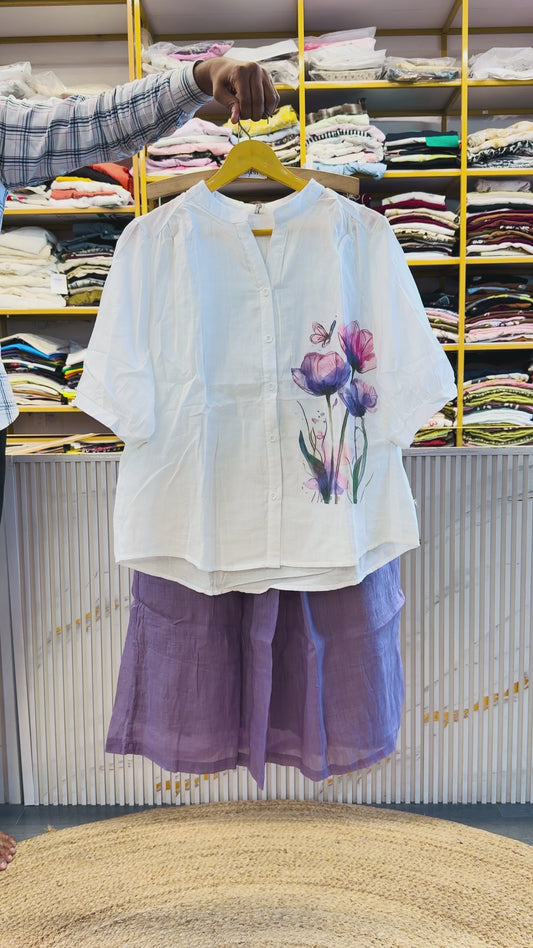 WHITE  COTTON PRINT TOP  WITH LINEN COMFORTABLE PANT SET