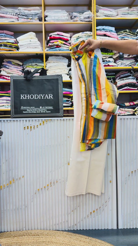 STRIPS PRINT LINEN SHIRT  WITH BELL BOTTOM TROUSER PANT SET