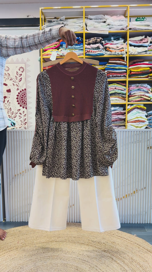 BROWN PRINT SOFT KNITTING TOP  WITH BELL BOTTOM PANT SET