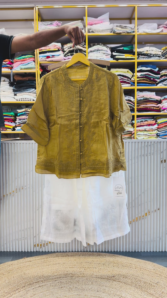 MASTARD GREEN PLAIN LINEN EMBROIDERY TOP WITH BOTTOM EMBROIDERY WHITE SHADE LINEN PANT SET