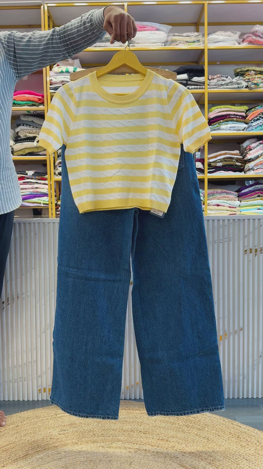 YELLOW STRIP SOFT KNITTING TOP WITH STRAIGHT DENIM PANT SET
