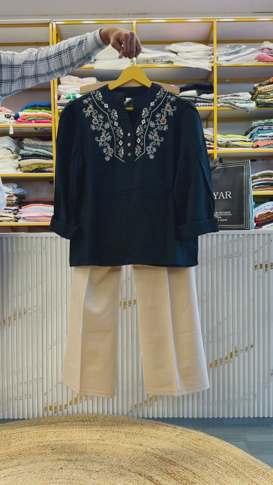 BLACK MULL COTTON EMBROIDERY TOP WITH BELL BOTTOM PANT SET