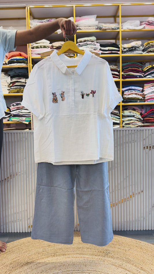 EMBROIDERY MUL COTTON SHIRT WITH LINEN PANT SET
