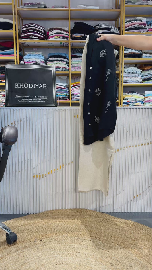 BLACK  EMBROIDERY TOP WITH LINEN PANT SET