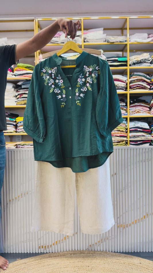 RAMA GREEN EMBROIDERY CASUAL TOP WITH LINEN PANT SET