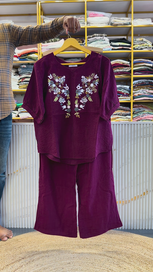 WINE MULTI  EMBROIDERY COORD SET
