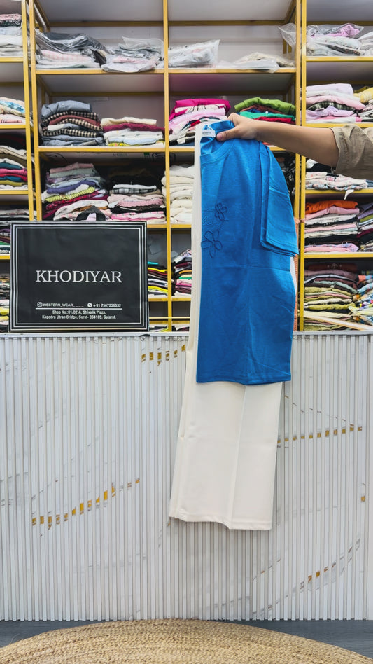 BLUE EMBROIDERY CASUAL TSHIRT  WITH BELL BOTTOM TROUSER PANT SET