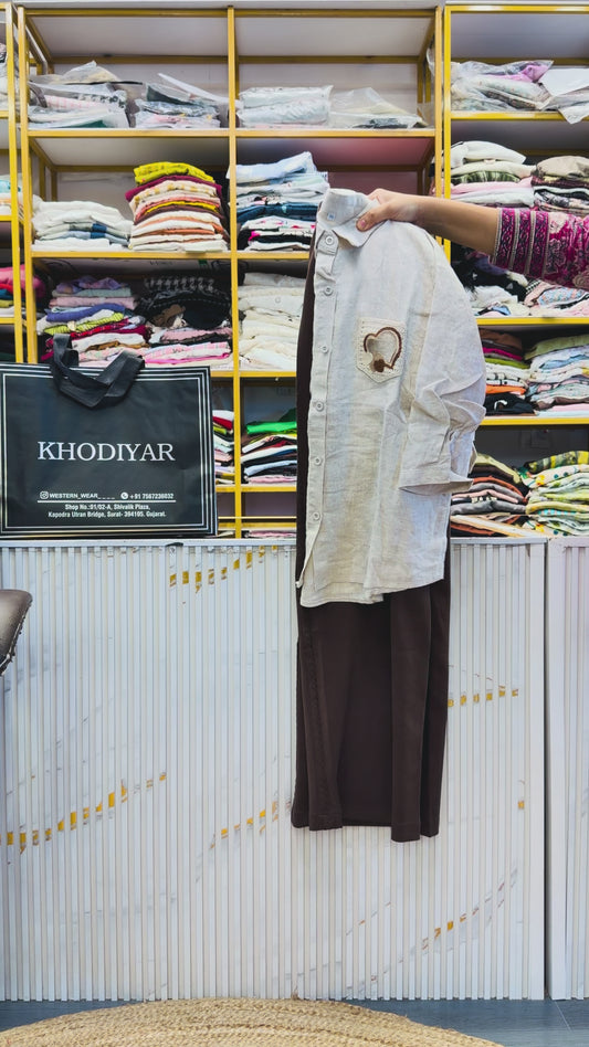 HEART CROCHET POCKET LINEN SHIRT  WITH STRAIGHT STRETCHABLE TROUSER PANT SET