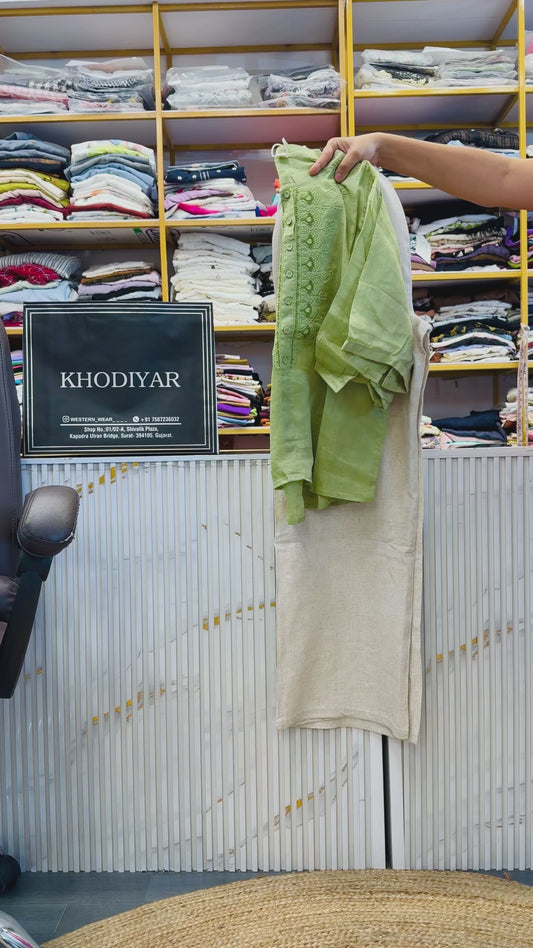 PISTA GREEN EMBROIDERY  LINEN TOP WITH LINEN PANT SET