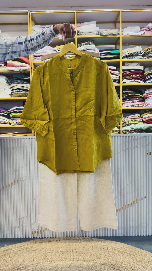 MASTARD LINEN EMBROIDERY TOP WITH LINEN PANT SET
