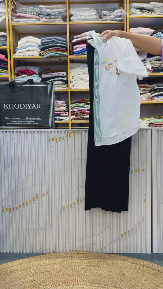 STRIPS EMBROIDERY SHIRT WITH BELL BOTTOM STRETCHABLE TROUSER PANT SET