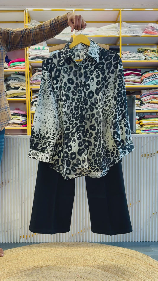 PRINT IMPORTED SHIRT WITH BELL BOTTOM STRETCHABLE TROUSER PANT SET