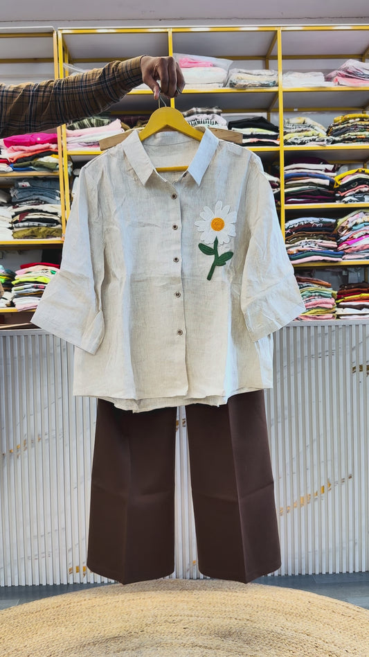 SUNFLOWER PATCH  OFF WHITE LINEN SHIRT WITH BELL BOTTOM PANT SET