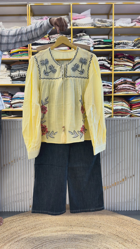 YELLOW COTTON EMBROIDERY TOP WITH SOFT DENIM PANT SET