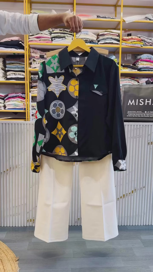 BLACK HALF  PRINTED SHIRT WITH BELL BOTTOM PANT SET