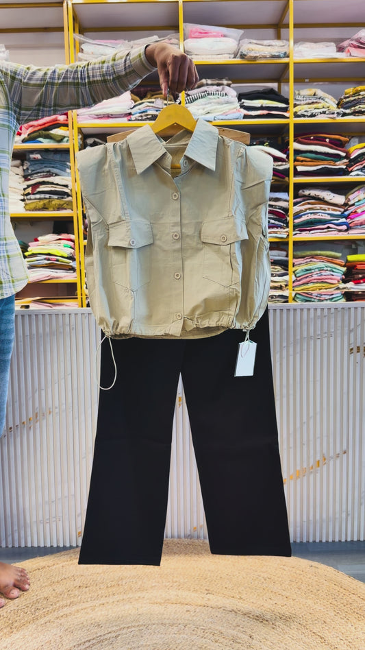 CARGO STYLE CROP TOP  WITH STRAIGHT STRETCHABLE TROUSER PANT SET