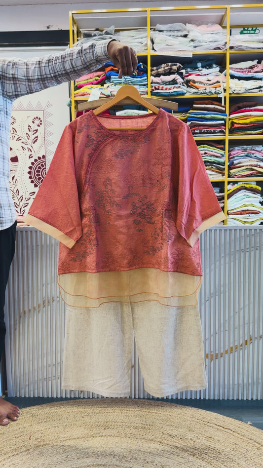 LIGHT ORANGE EMBROIDERY TOP WITH LINEN PANT SET