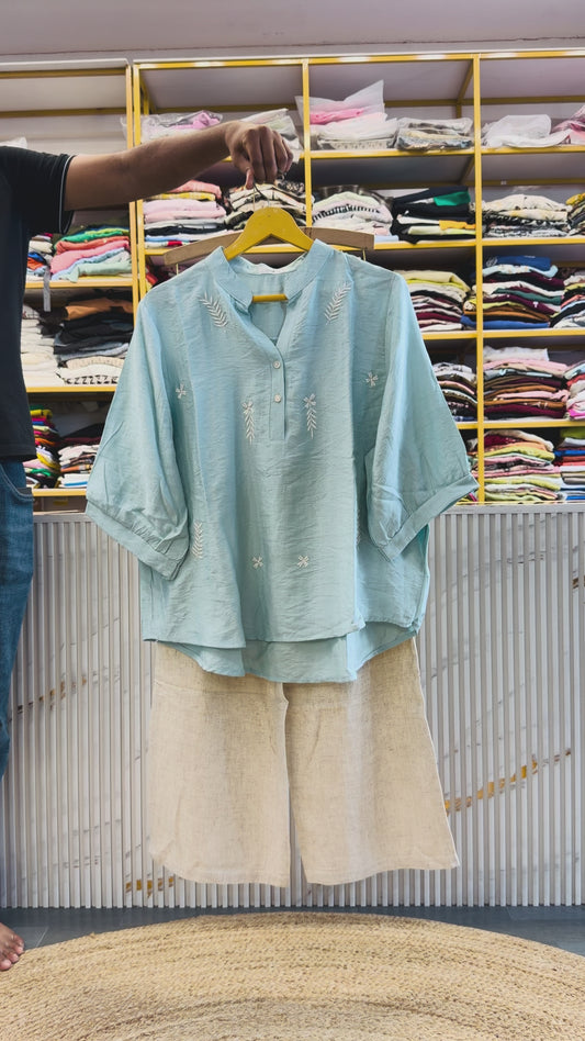 SKY EMBROIDERY CASUAL TOP  WITH LINEN PANT SET