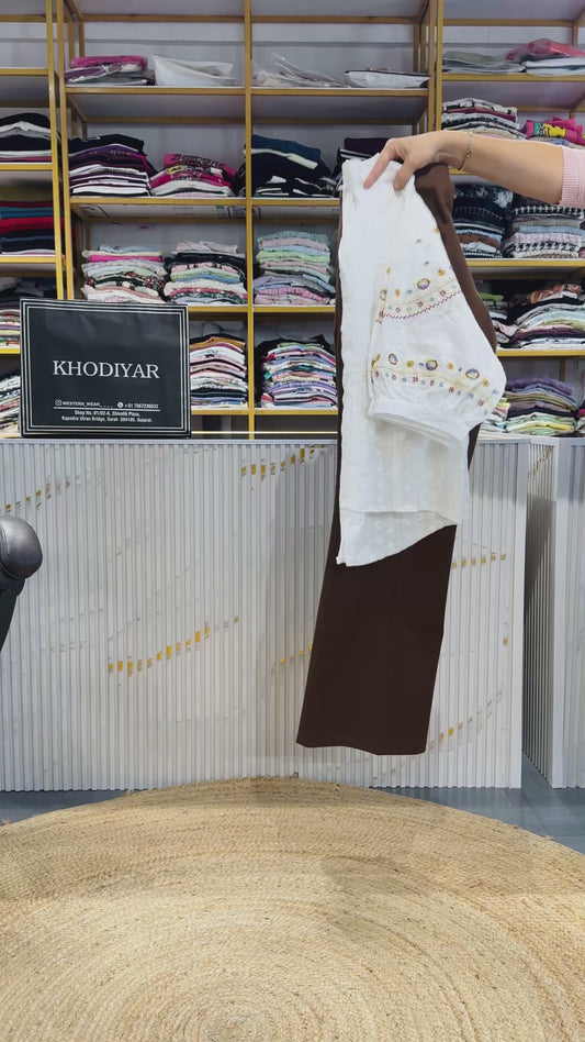 WHITE CHICEKN EMBROIDERY TOP WITH BELL BOTTOM TROUSER SET