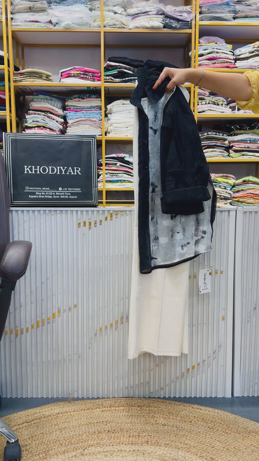 HALF BLACK WHITE EMBOSS PRINT SHIRT WITH BELL BOTTOM PANT SET