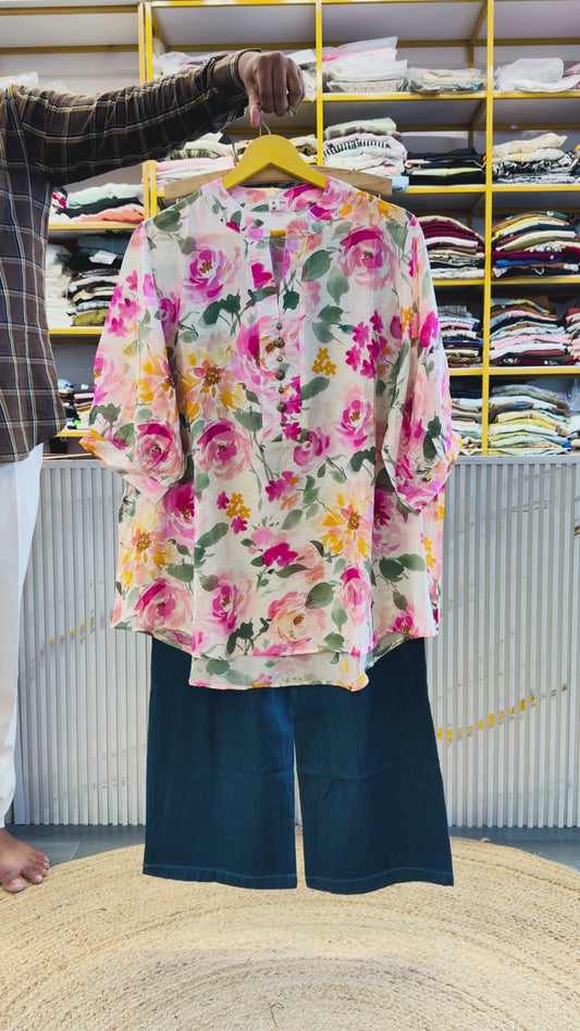PRINT LONG TOP WITH SOFT DENIM PANT SET