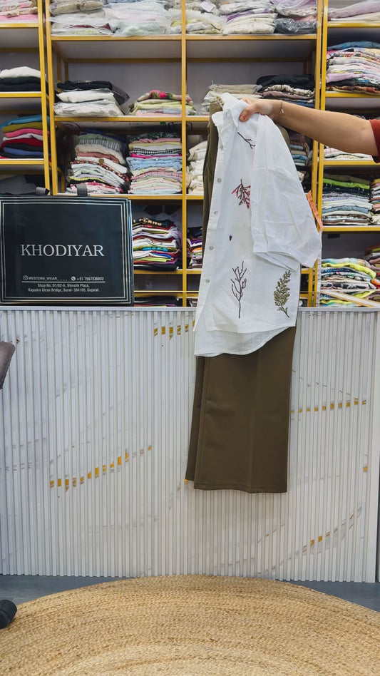 COTTON EMBROIDERY SHIRT WITH BELL BOTTOM TROUSER  PANT SET