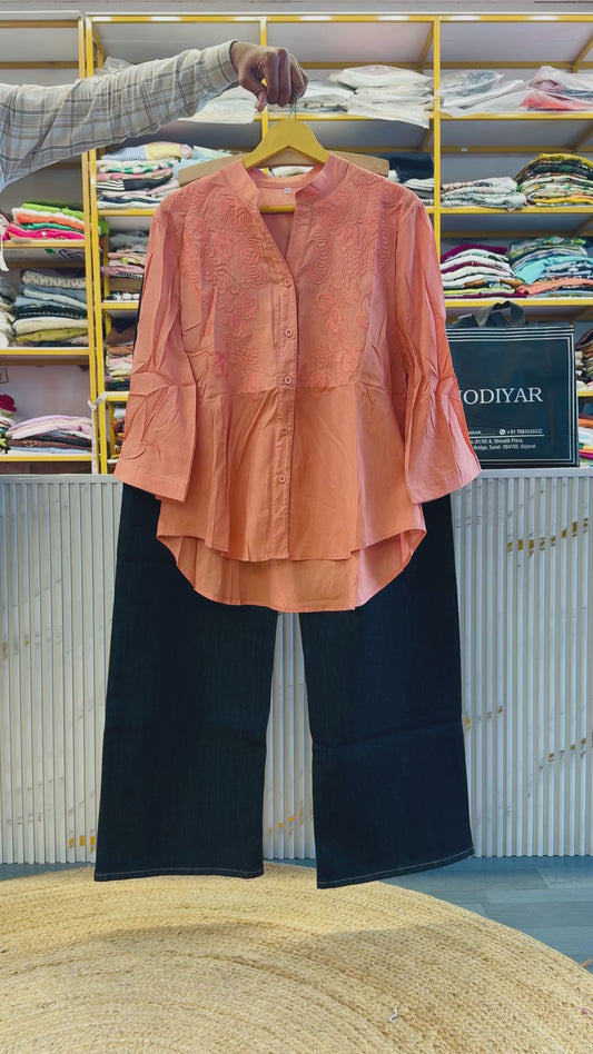 LIGHT ORANGE COTTON EMBROIDERY TOP WITH STRAIGHT DENIM PANT SET