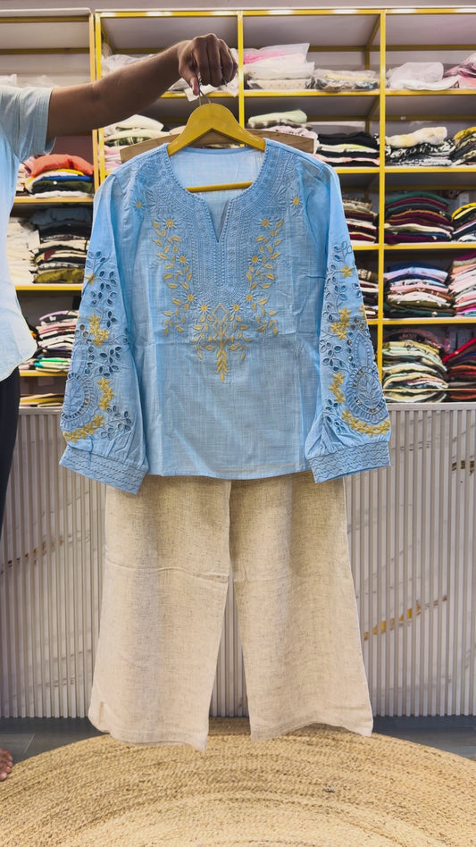 BLUE EMBROIDERY COTTON TOP WITH LINEN PANT SET